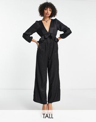 Only Tall frill detail jumpsuit in black houndstooth