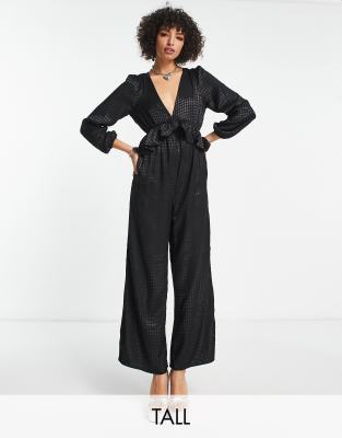 frill detail jumpsuit in black houndstooth