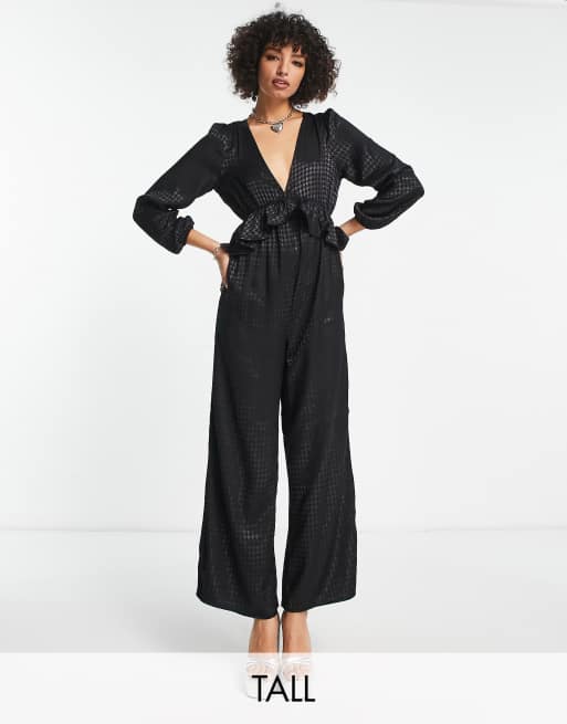 Only Tall frill detail jumpsuit in black houndstooth | ASOS