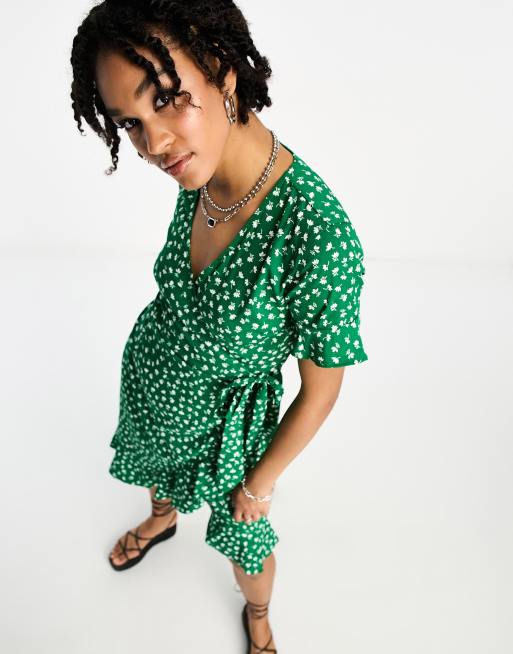 Only Tall frill wrap mini dress in green ditsy floral | ASOS