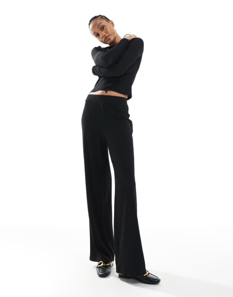 ONLY Tall - Geribbelde broek met wijde pijpen in zwart - view 1