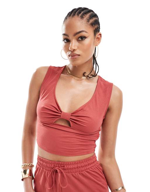 ONLY Tall - Gesmokte crop top in roestbruin, deel van co-ord set 