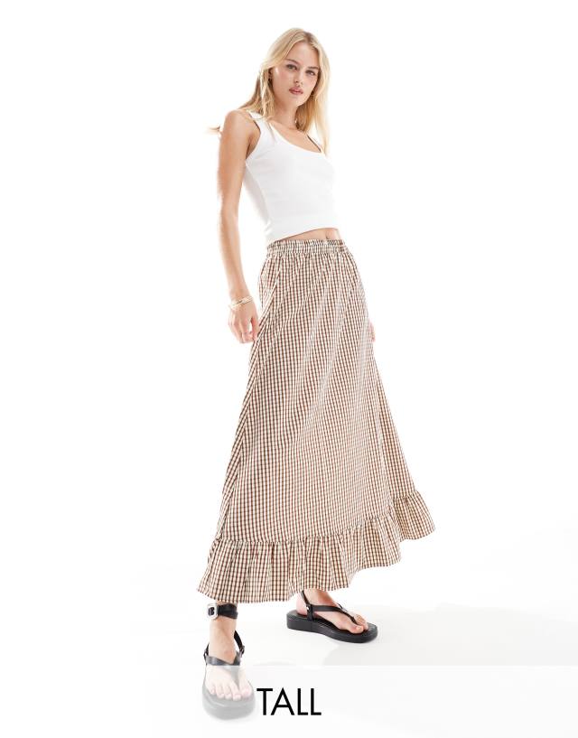 ONLY - tall gingham maxi skirt in brown