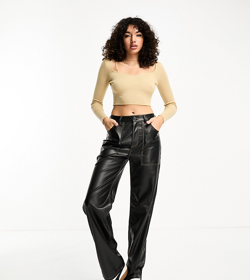 Only Tall High Rise Wide Leg Faux Leather Contrast Stitch Pants In Black