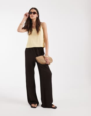 ONLY Tall high waist crinkle textured pants in dark brown