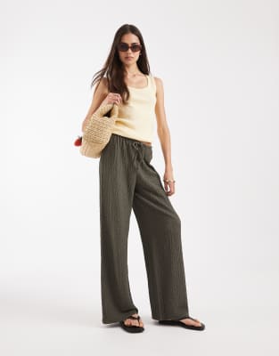 ONLY Tall high waist crinkle textured pants in olive green