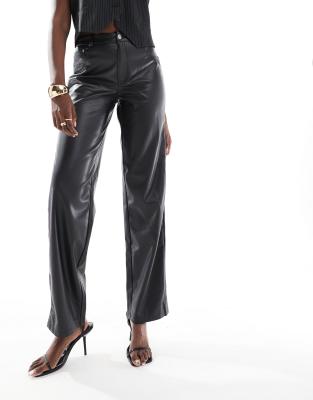 high waist faux leather straight pants in black