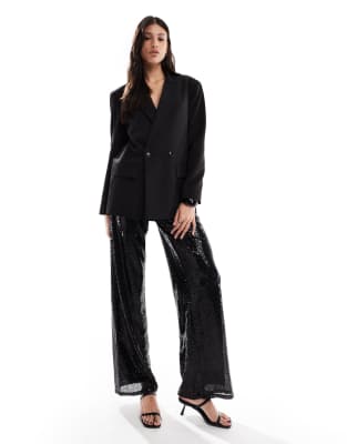 ONLY Tall high waist pull on sequin trousers in black