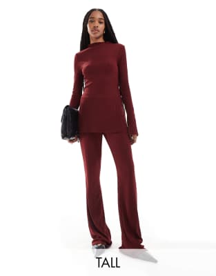 high waist textured pants in burgundy - part of a set