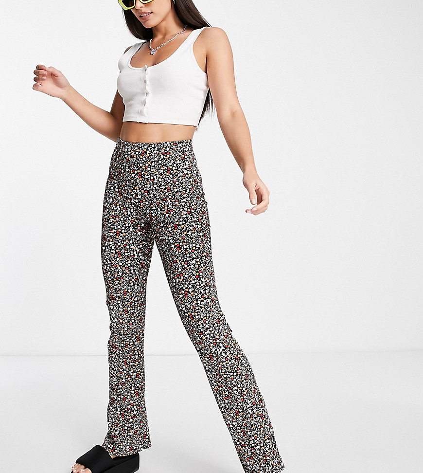 only tall high waisted flared trousers in black ditsy floral-multi