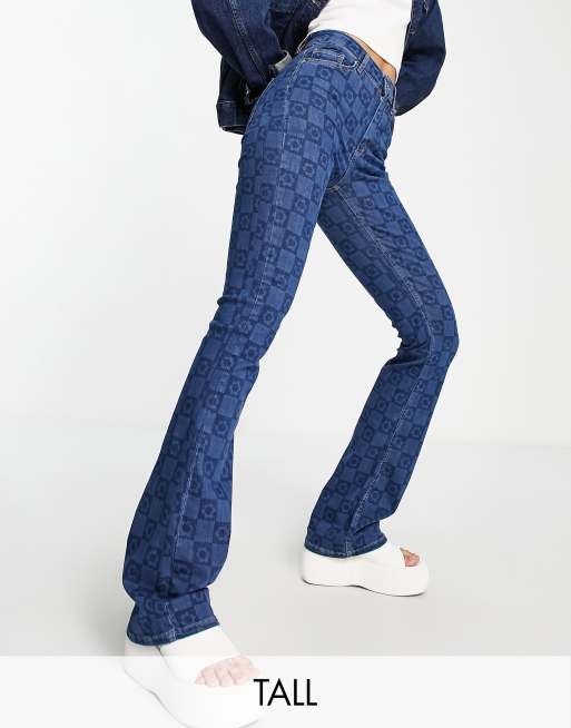 Only Tall high waisted flower & checkerboard flared jeans in dark blue