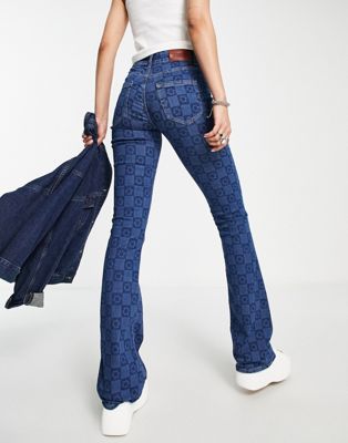 Only Tall high waisted flower & checkerboard flared jeans in dark blue