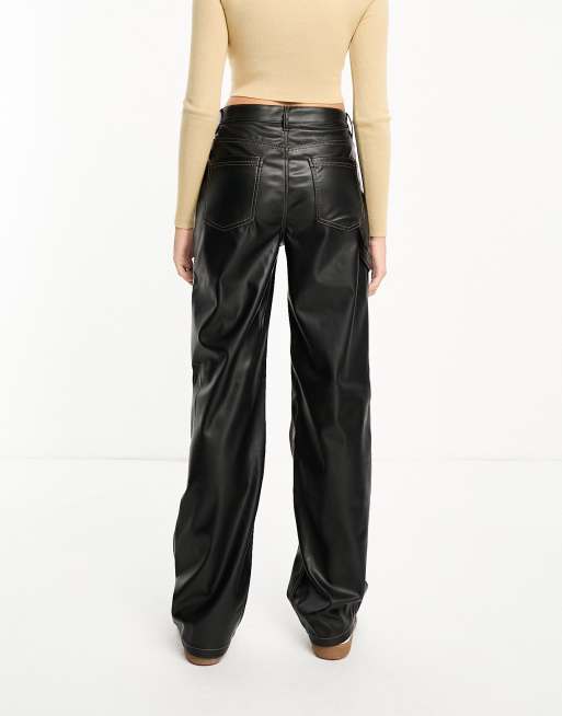 White Faux Leather Contrast Stitch Straight Leg Pants