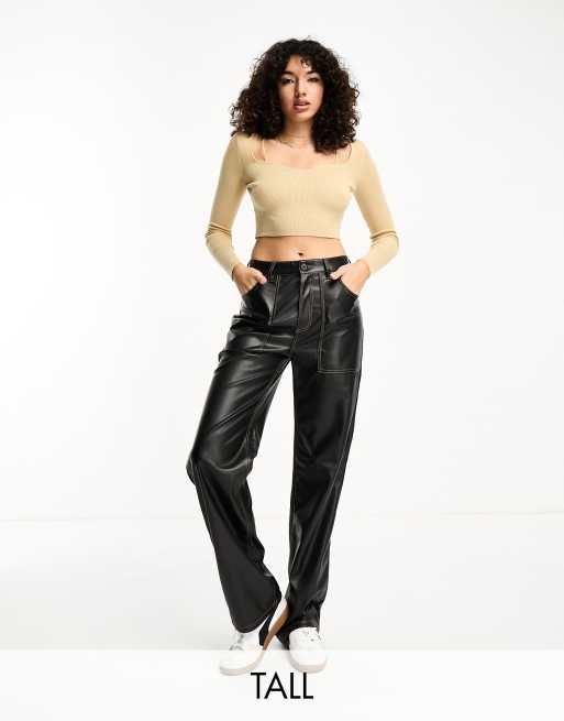 Only Tall high waisted wide leg faux leather contrast stitch trousers in black