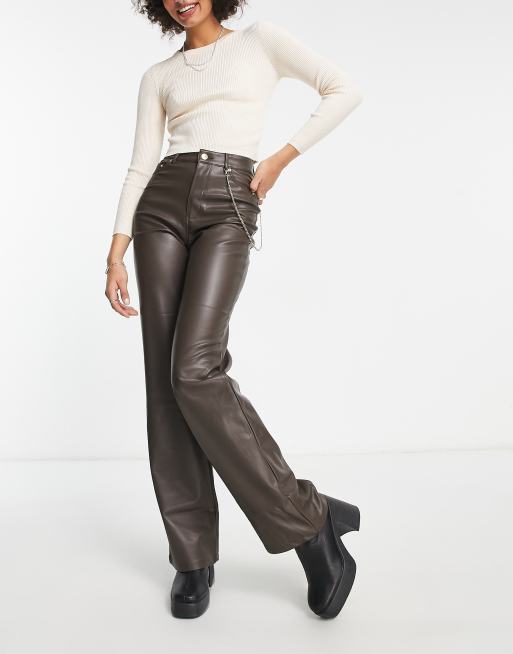 Only Tall high waisted wide leg faux leather pants in brown