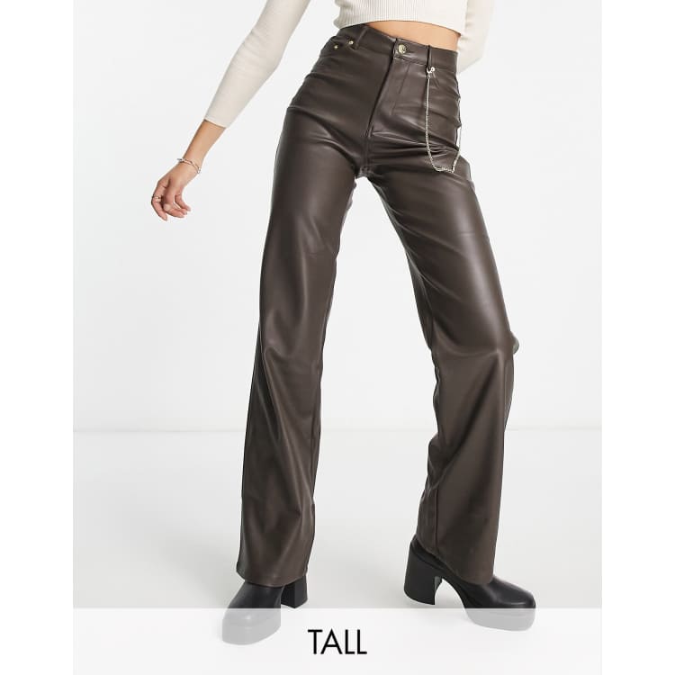 Only Tall high waisted wide leg faux leather trouser in brown