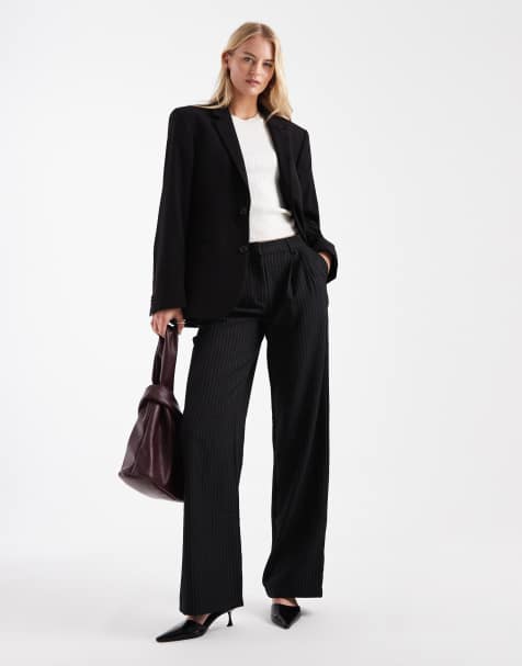 ONLY Tall high waisted wide leg pants in black pinstripes - view 1