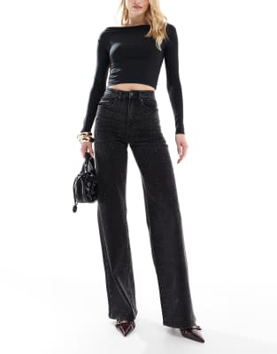 ONLY Tall - Hope - Jeans in verwaschenem Schwarz mit Strass und weitem Bein