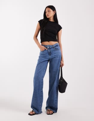 Only Tall Hope Mid Rise Wide Leg Jeans With Button Detail In Blue