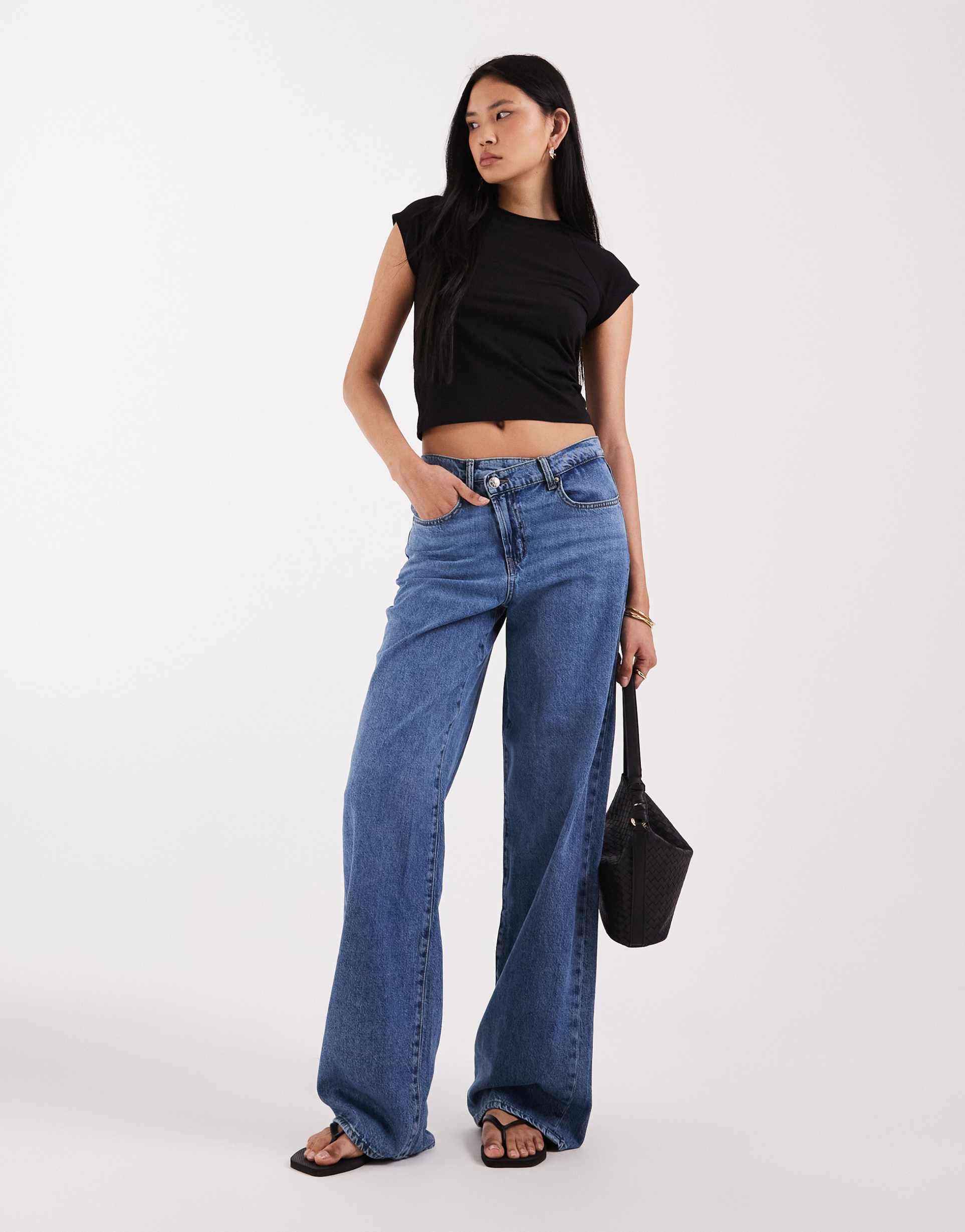 only tall hope mid rise wide leg jeans with button detail in mid blue