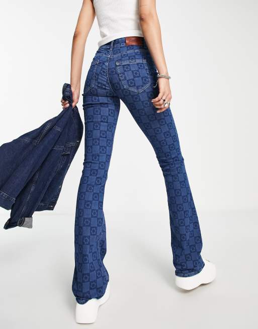 Only Tall Jean vas taille haute et imprim damier Bleu