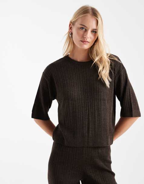 ONLY Tall knitted top co-ord in chocolate brown - view 1