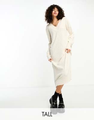 knitted v neck maxi dress in cream-White