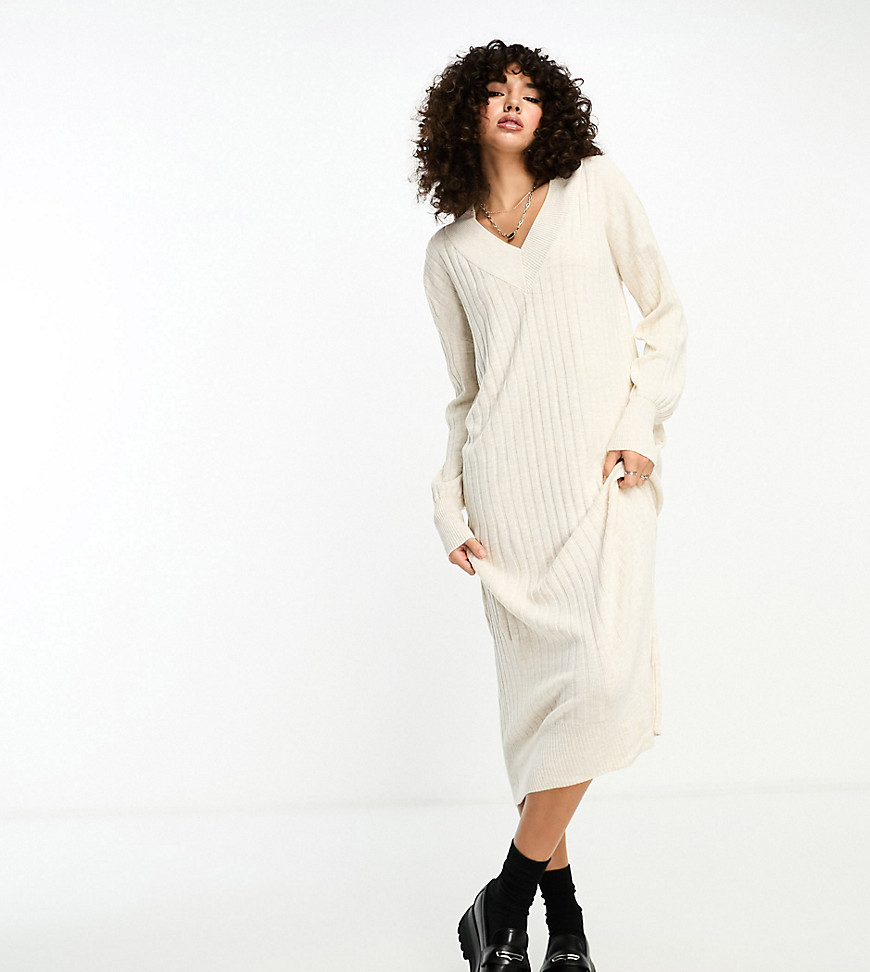 knitted v neck maxi dress in cream-White