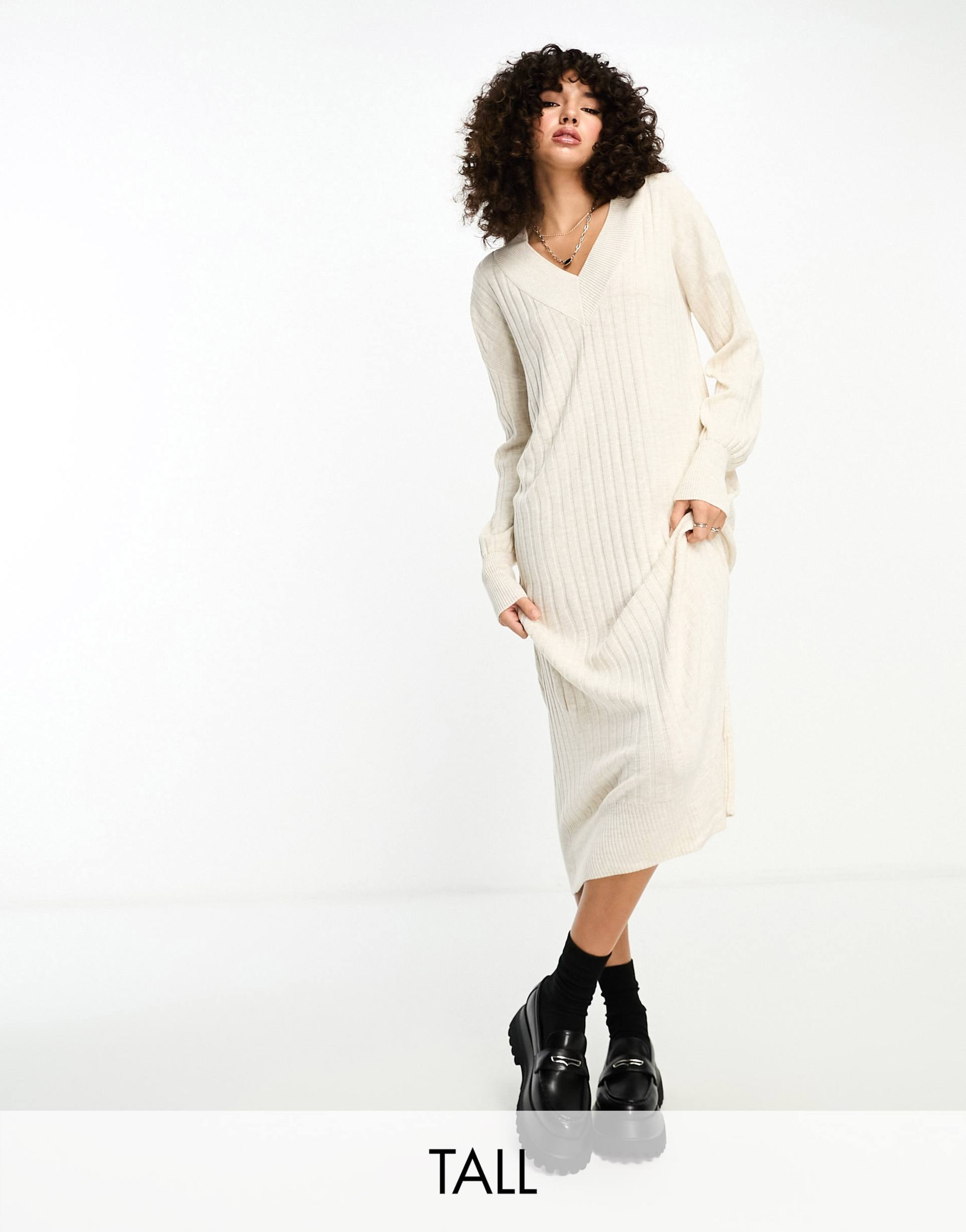 only tall knitted v neck maxi dress in cream