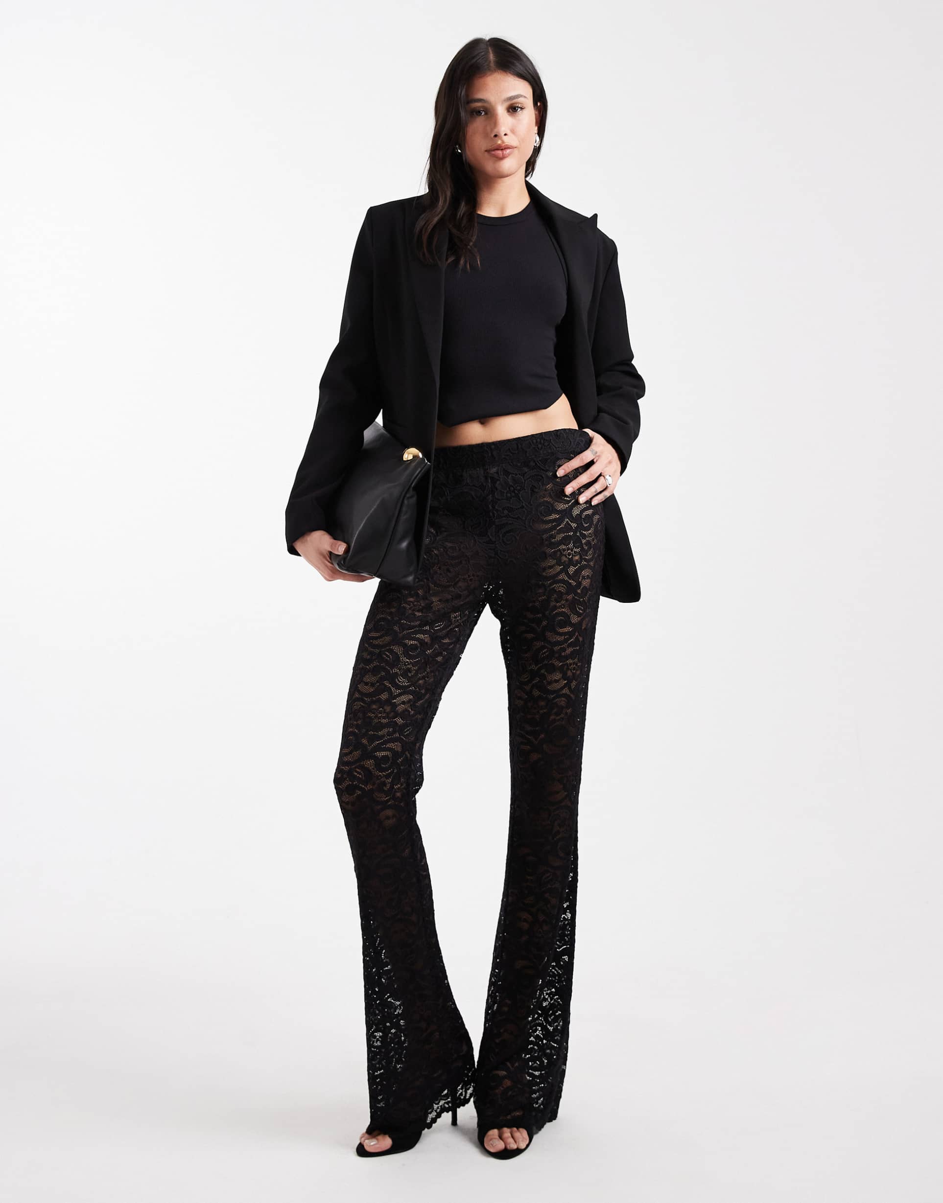 only tall lace flared pants in black