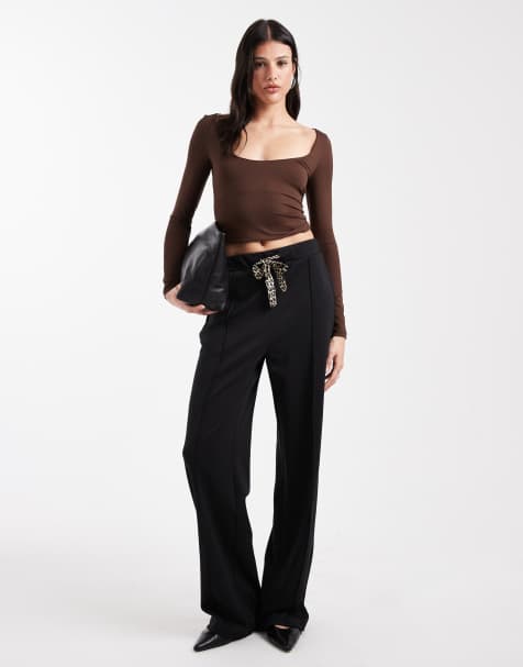 ONLY Tall leopard print bow detail pants in black - view 1