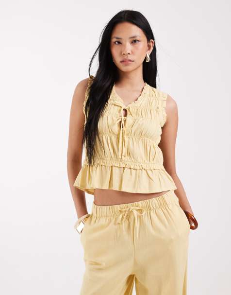 ONLY Tall linen blend tie front ruched top in pale yellow (part of a set) - view 1