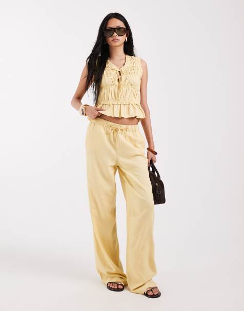 ONLY Tall linen blend tie front ruched top &  linen blend pull on trousers co-ord in pale yellow - view 1