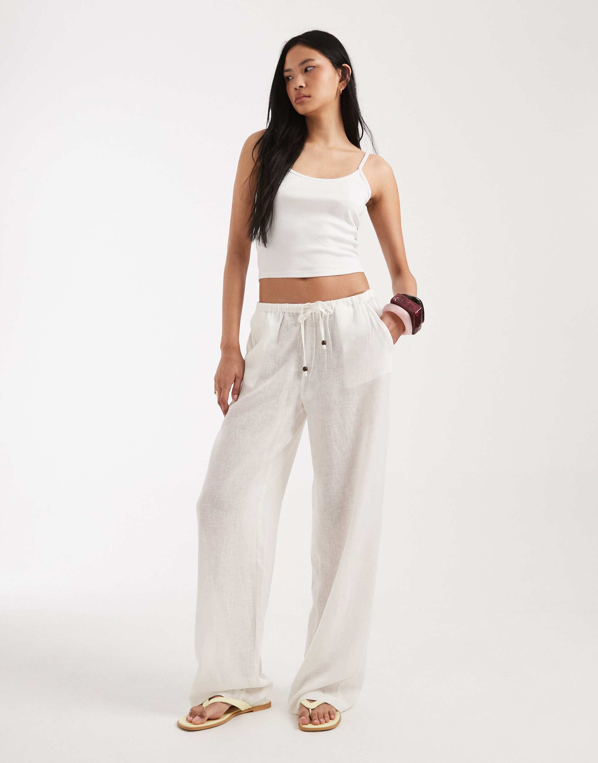 only tall linen blend wide leg pants in white