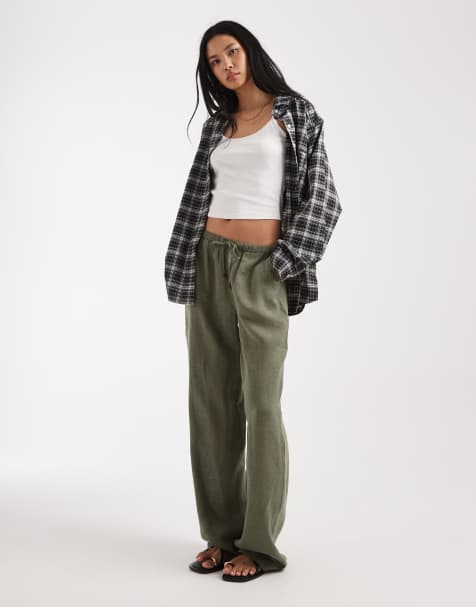 ONLY Tall linen blend wide leg trouser in light khaki