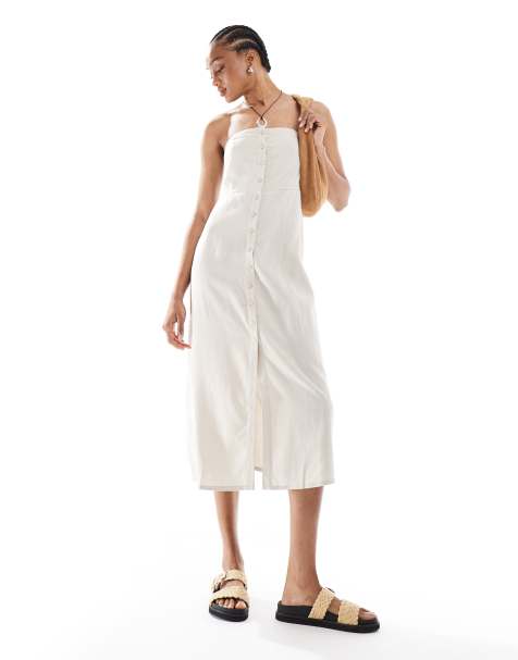 ONLY Tall linen mix bandeau midi dress in stone - view 1