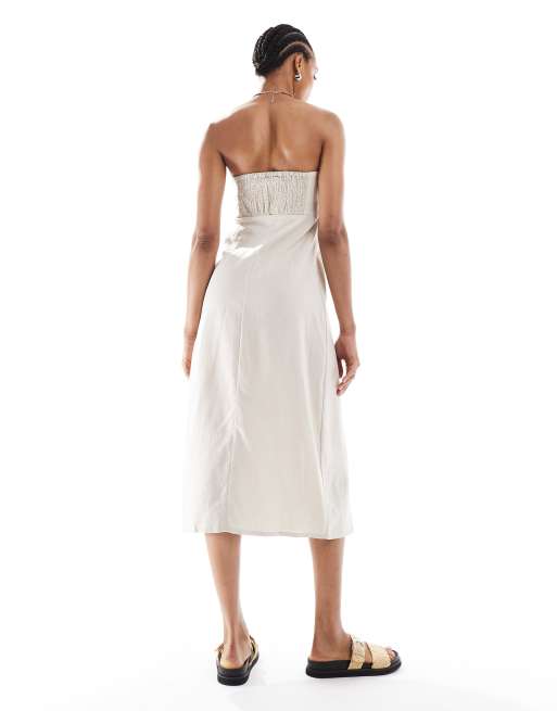 ONLY Tall linen mix bandeau midi dress in stone-Neutral