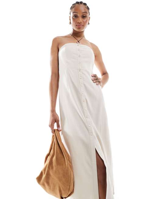 ONLY Tall linen mix bandeau midi dress in stone, 3 of 4