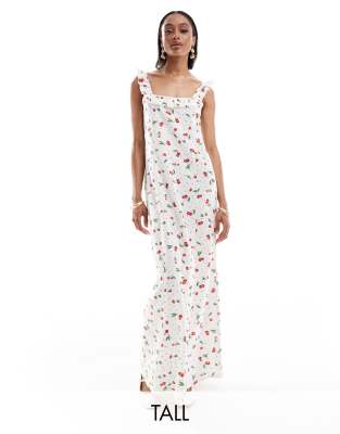 Only Tall Linen Mix Maxi Dress In Cherry Print-white