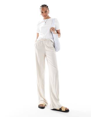 linen mix pull on pants in stone-Neutral