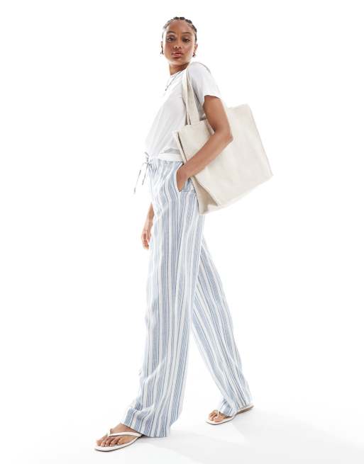 ONLY Tall linen mix pull on trousers in blue stripe, 2 of 5