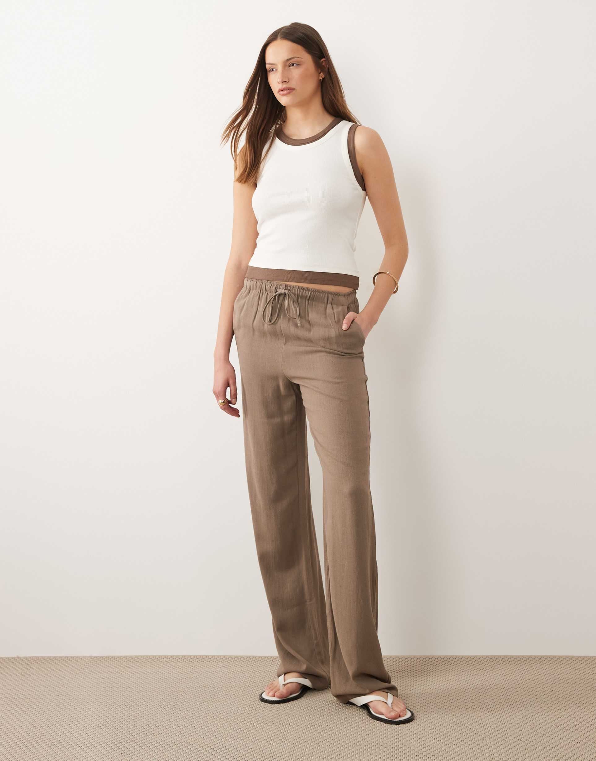 only tall linen mix pull on wide leg pants in brown