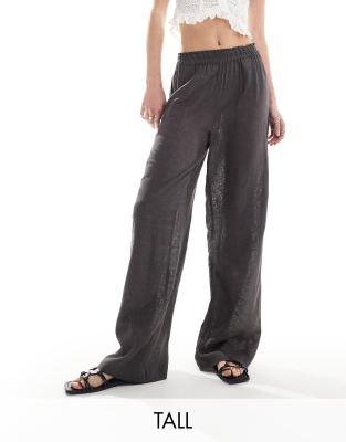 Only Tall Linen Mix Wide Leg Pants In Gray