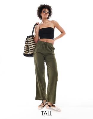 linen texture wide leg pants in khaki-Green