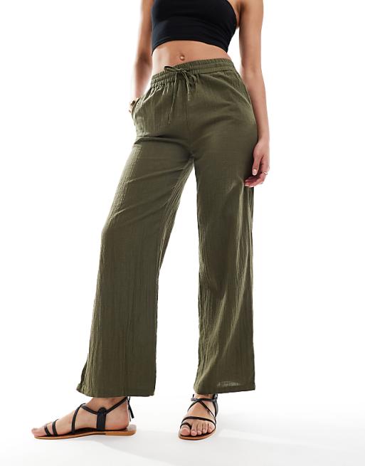 ONLY Tall linen texture wide leg pants in khaki | ASOS ONLY Tall linen texture wide leg pants in khaki | ASOS