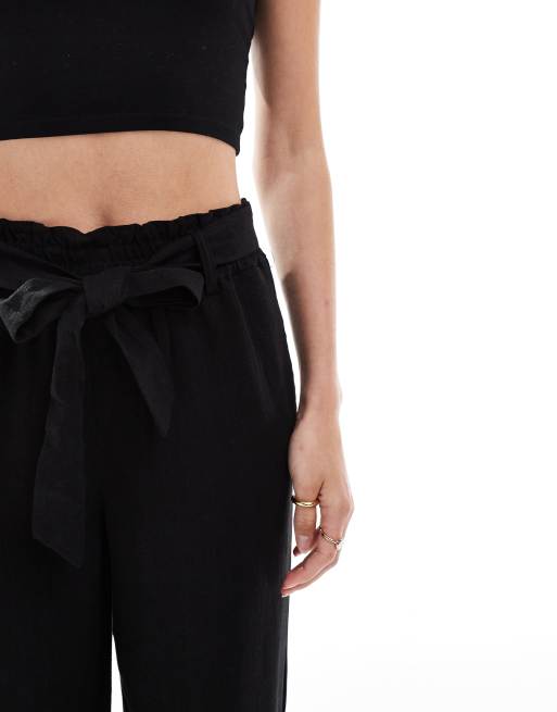 ONLY Tall - Linnen broek met gestrikte taille en wijde pijpen in zwart , 2 van 5