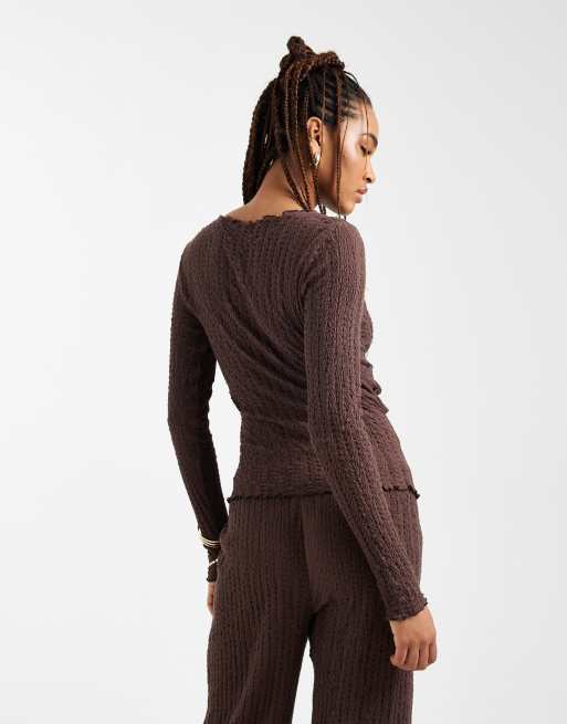 ONLY Tall long sleeve top with ruche detail in chocolate (Part of a set) , 3 of 4