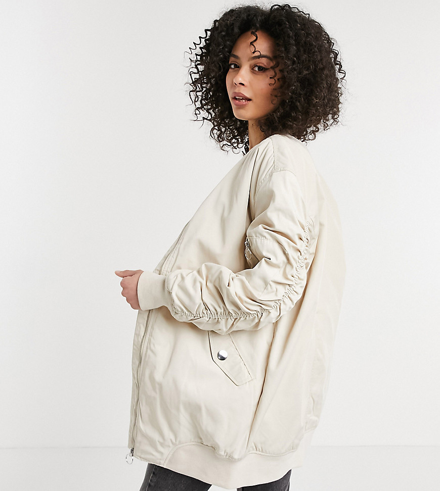 Only Tall longline bomber jacket with ruched sleeves in stone-Neutral