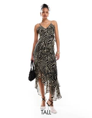 ONLY Tall - Maxikleid mit Zebra-Print, schmalen Trägern und Rüschen-Schwarz