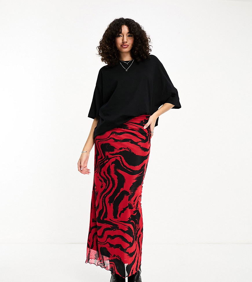 mesh maxi skirt in red and black swirl